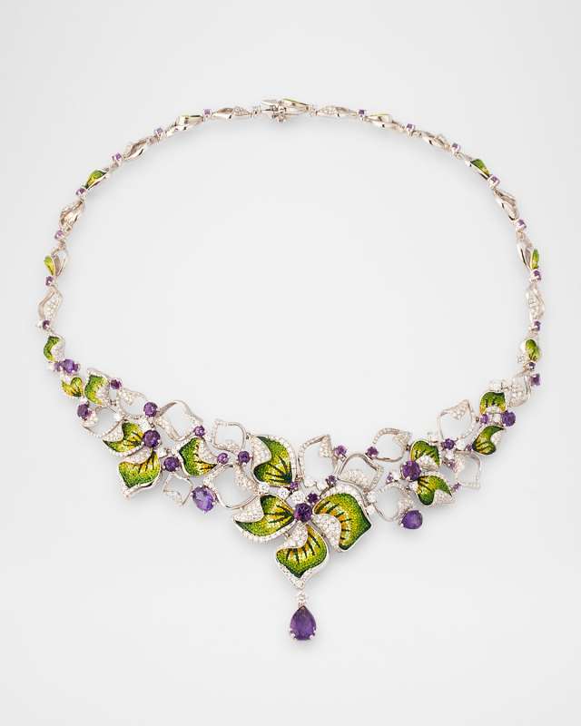 18K White Gold White Diamond and Amethyst Necklace